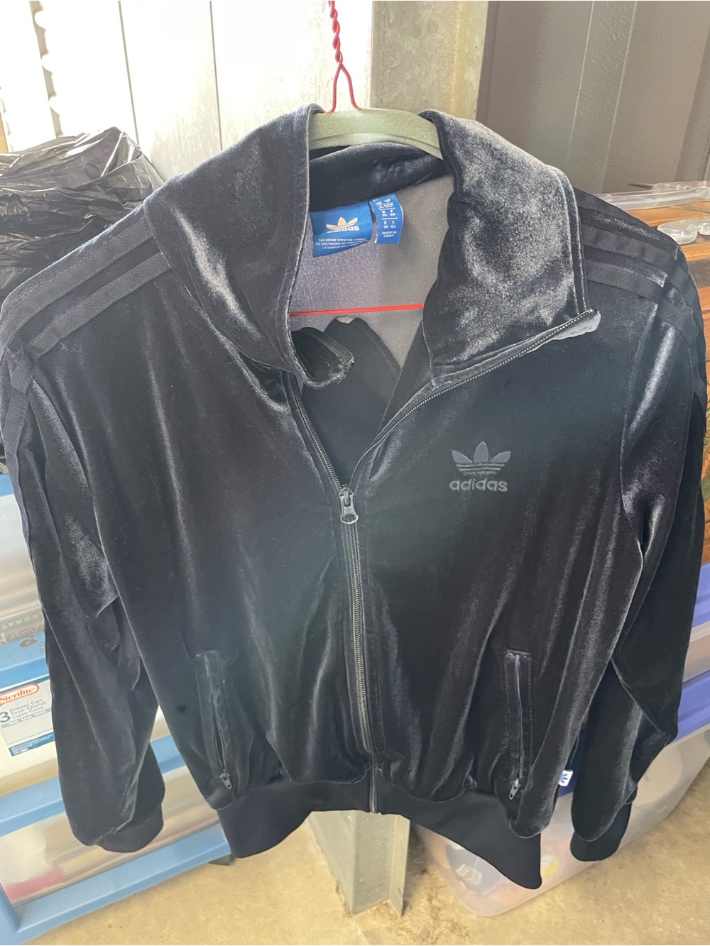 Adidas Originals Women Small Black Velour Track Jacket Large Back Trefoil Logo S